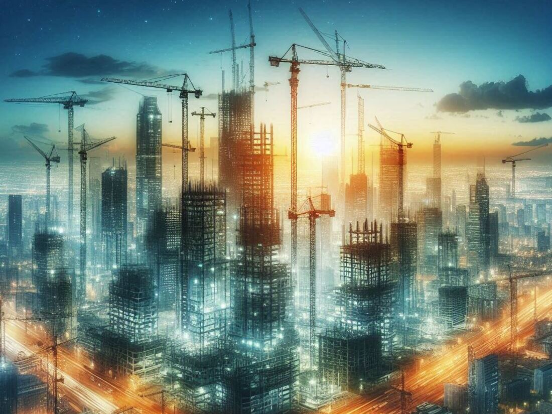 A cityscape with construction cranes, symbolizing future development