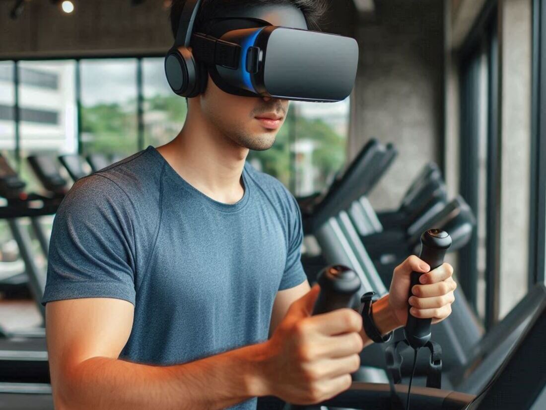 A person wearing a VR headset and using hand controllers while exercising on a treadmill or stationary bike in a gym