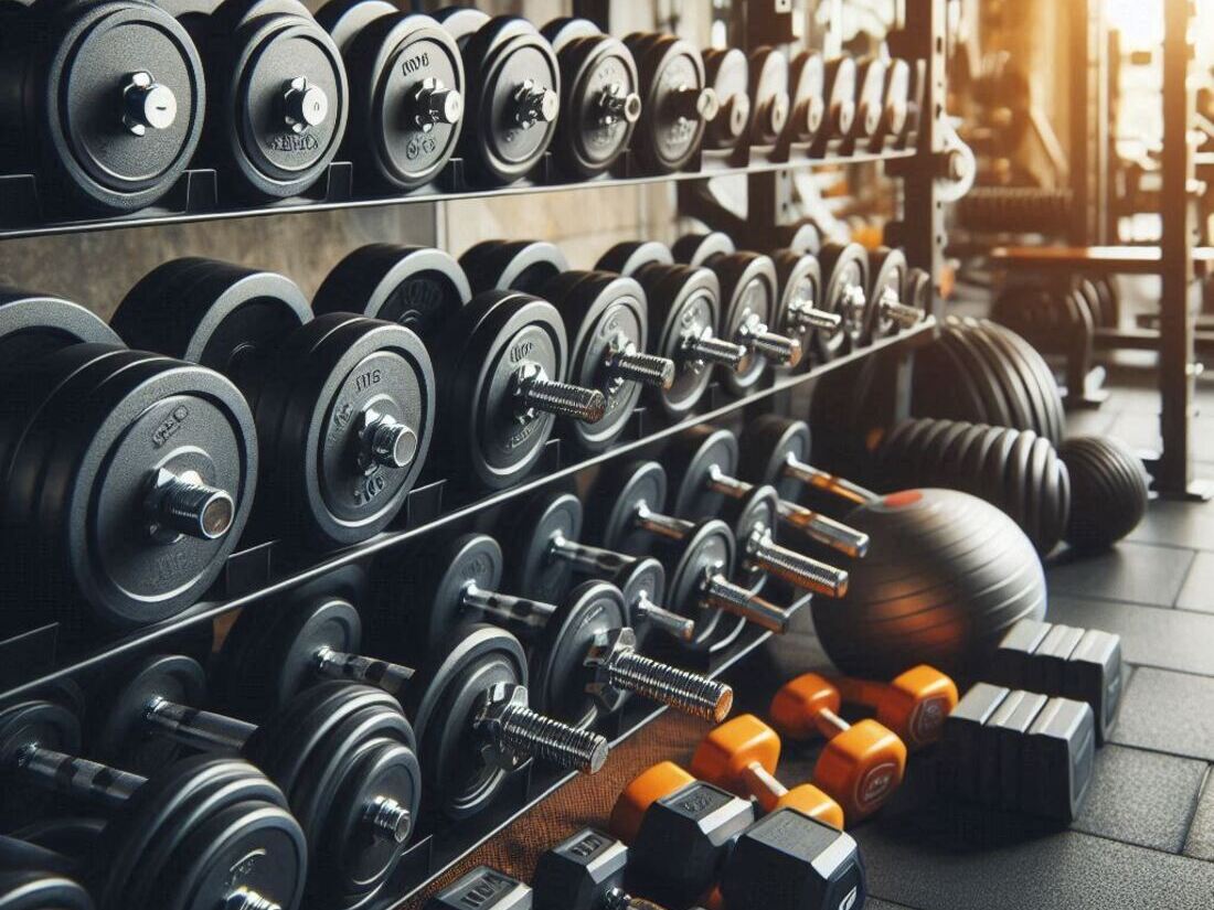 A variety of dumbbells, barbells, and weight plates neatly arranged on a rack in a gym.