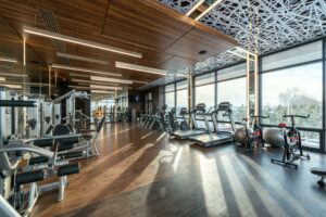 Images of various gym equipment, like treadmills, weight machines, and stationary bikes.